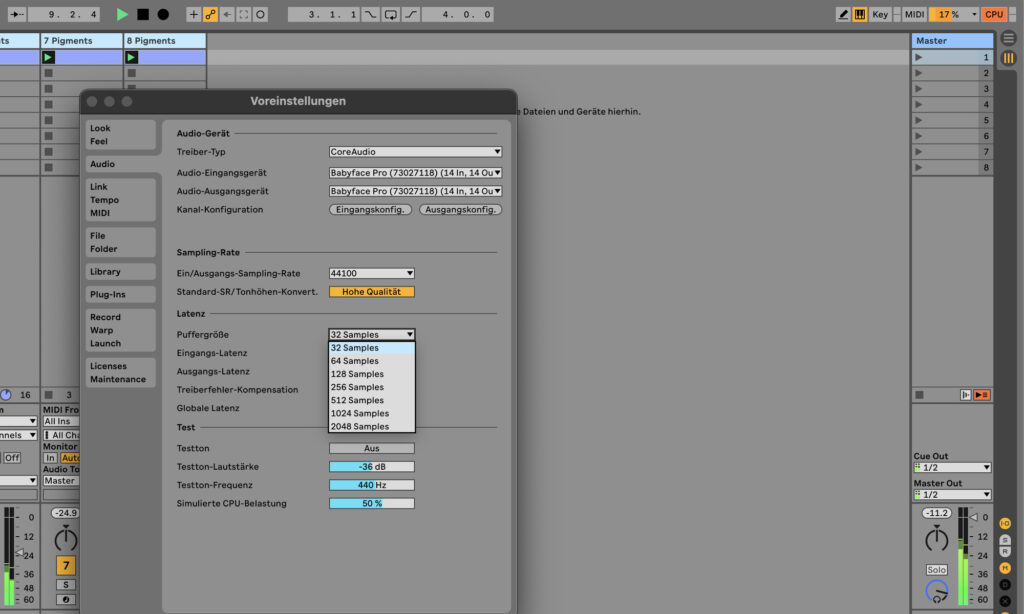 DAW Ableton Live mit Einstellungsmenü