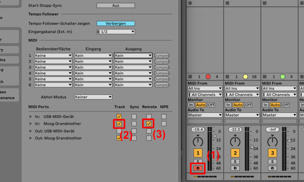 Einstellungsmenü für den Bereich MIDI in Ableton Live.