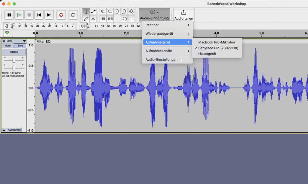 Menü für Audioein- und -ausgänge in Audacity