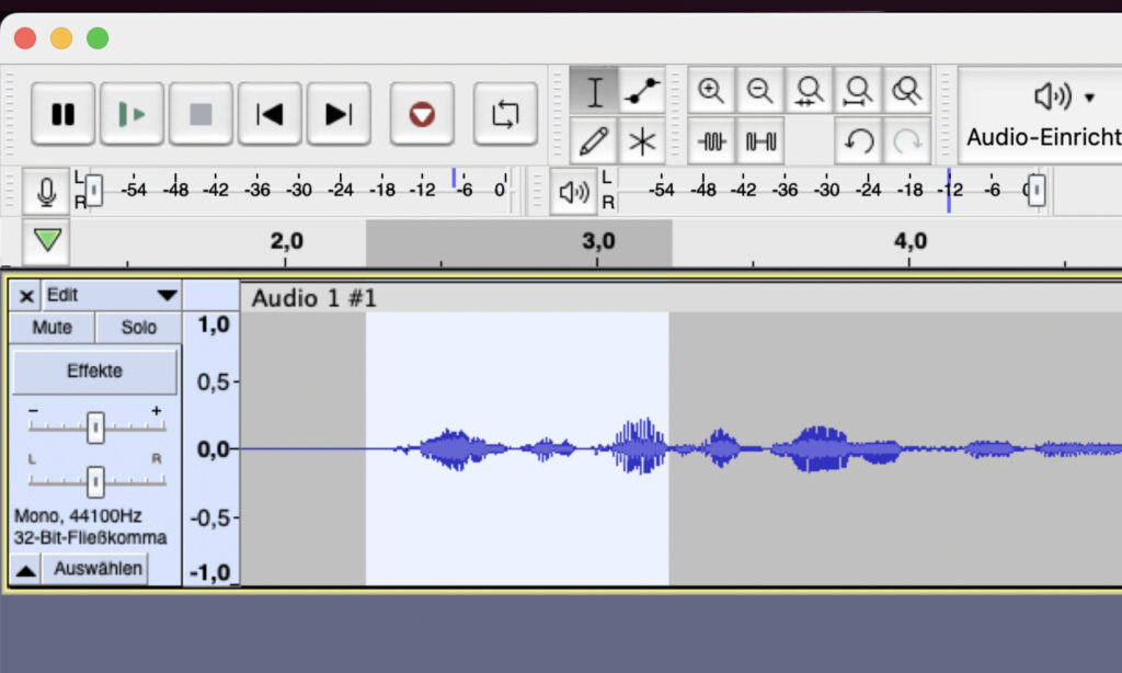 Ausgewähltes Audiomaterial in Audacity