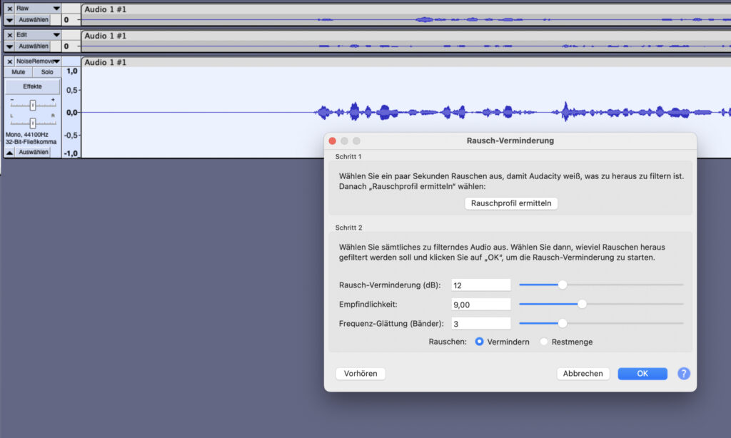 Audacity Audio Software mit Noise Removal Dialog