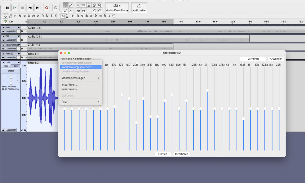 Menü zum Speichern von Vorlagen in Audacity