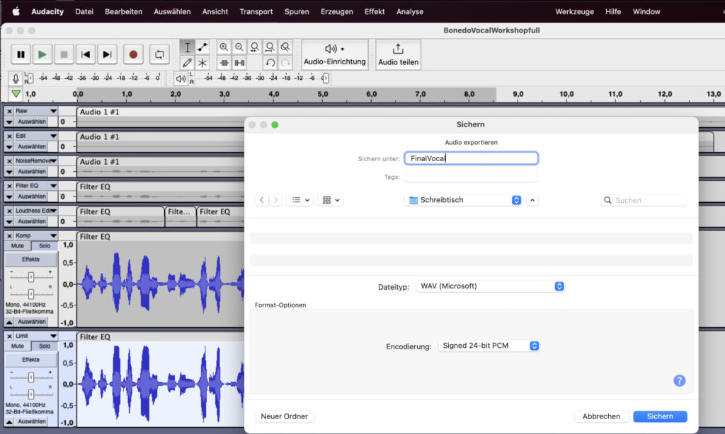 Export-Dialog in der Audio-Software Audacity