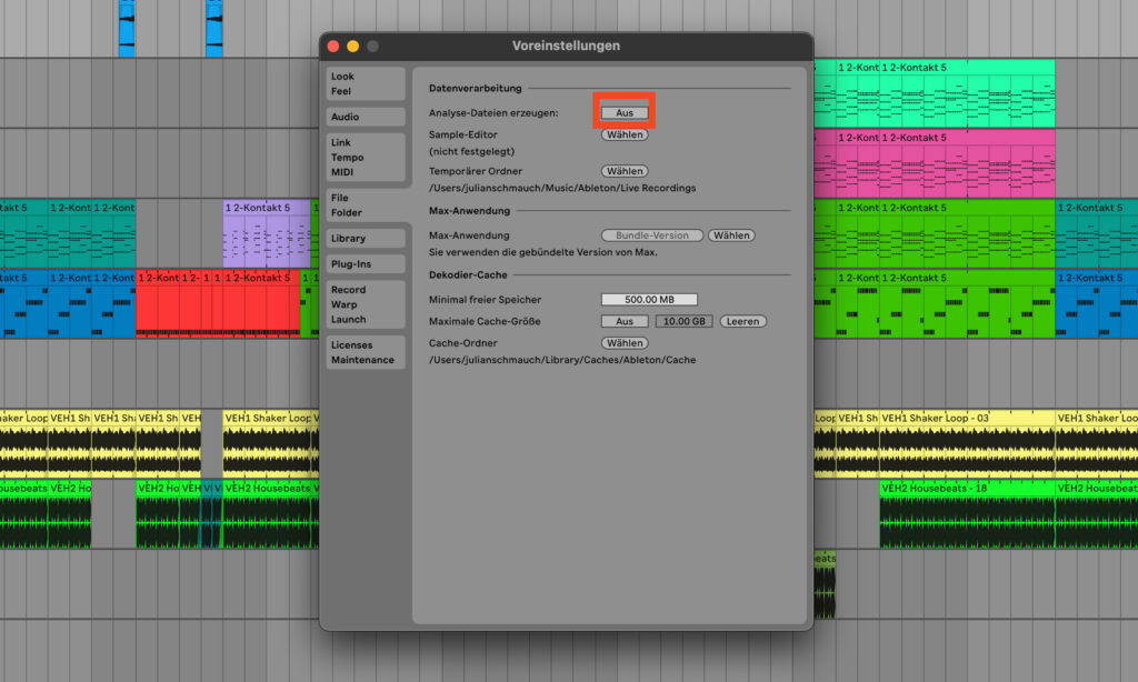 Einstellungsmenü in der DAW Ableton Live