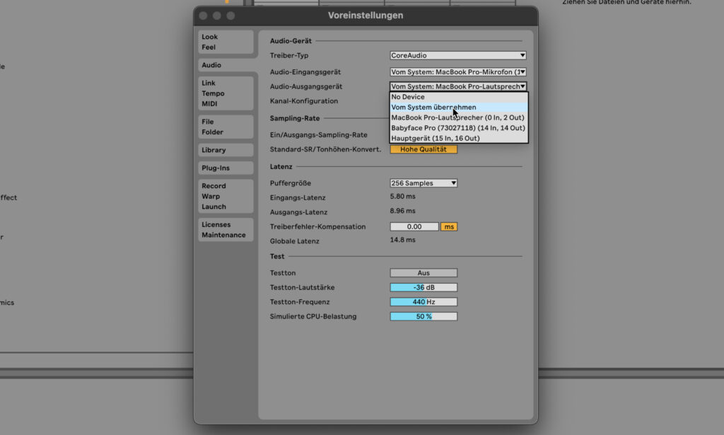 Einstellungsfenster in Ableton Live