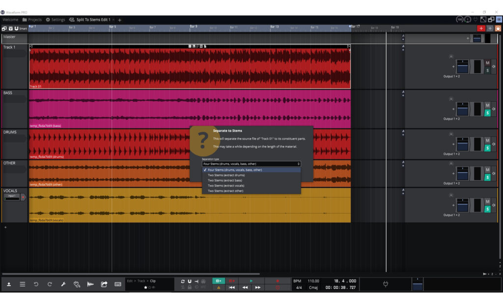 Tracktion Waveform Pro 12.5 DAW Test Bedienoberfläche Split To Stems