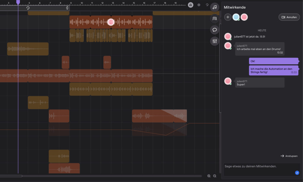 Soundtrap DAW mit Projekt, in dem zwei Produzenten zusammenarbeiten