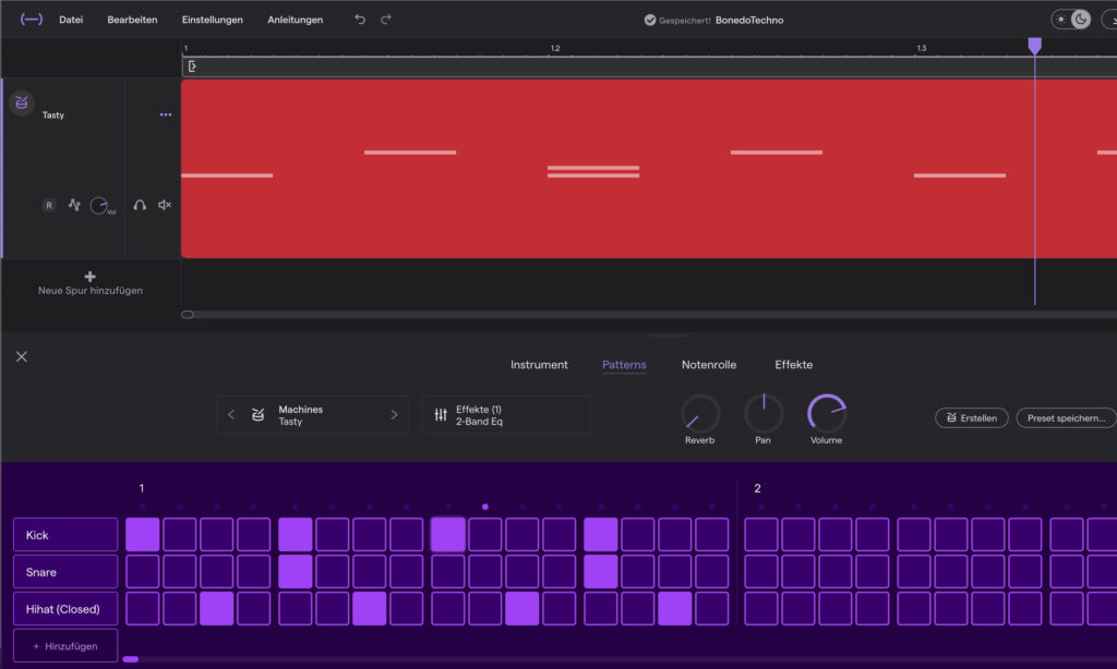 Pattern Maker Werkzeug in Soundtrap mit programmiertem Drum Beat