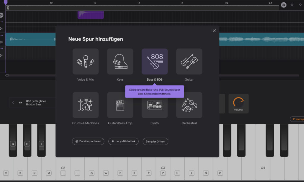 Soundtrap-DAW mit Spur hinzufügen Dialog-