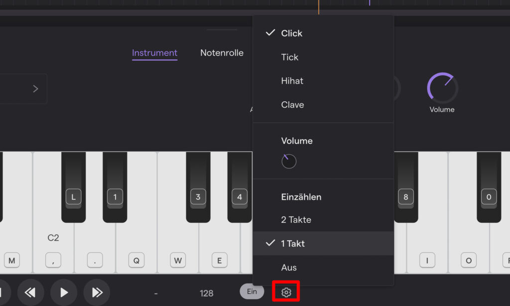 Menü für Metronomeinstellungen in Soundtrap DAW