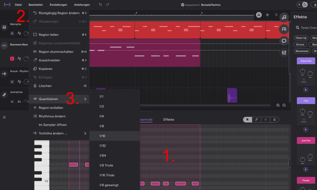 Menü für Quantisierung in Soundtrap DAW