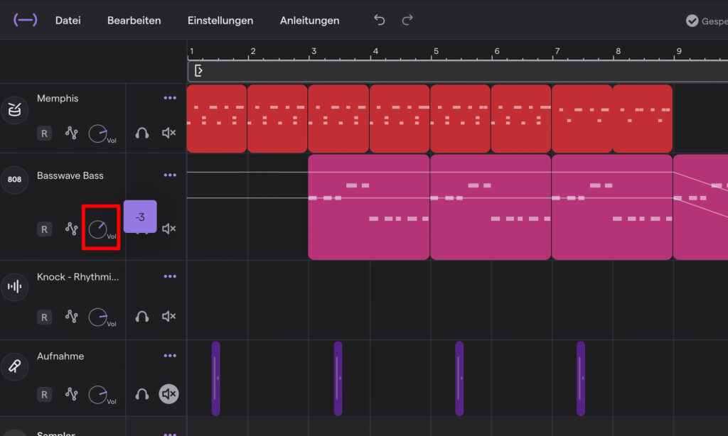 Drehregler im Spurkopf einer Instrumentenspur in der Online-DAW Soundtrap