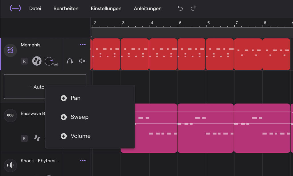 Automationsmenü in Soundtrap