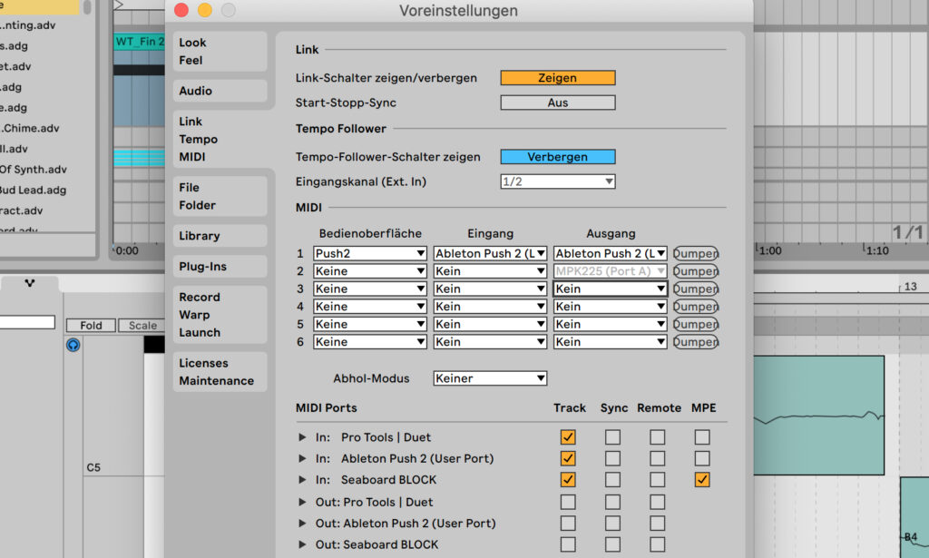 Einstellungsmenü von Ableton
