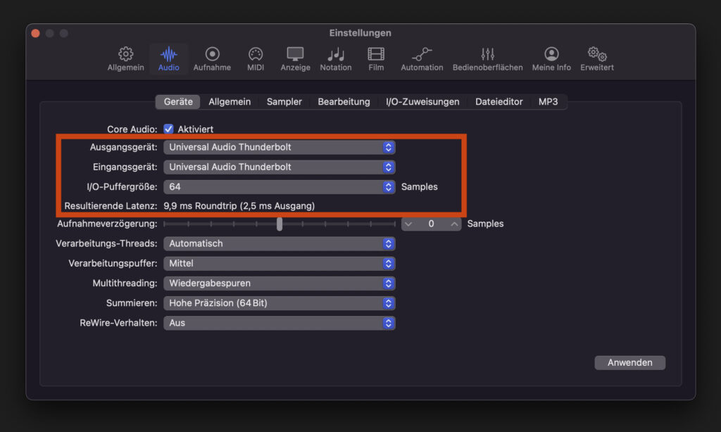 Audio-Settings in Apple Logic Pro 