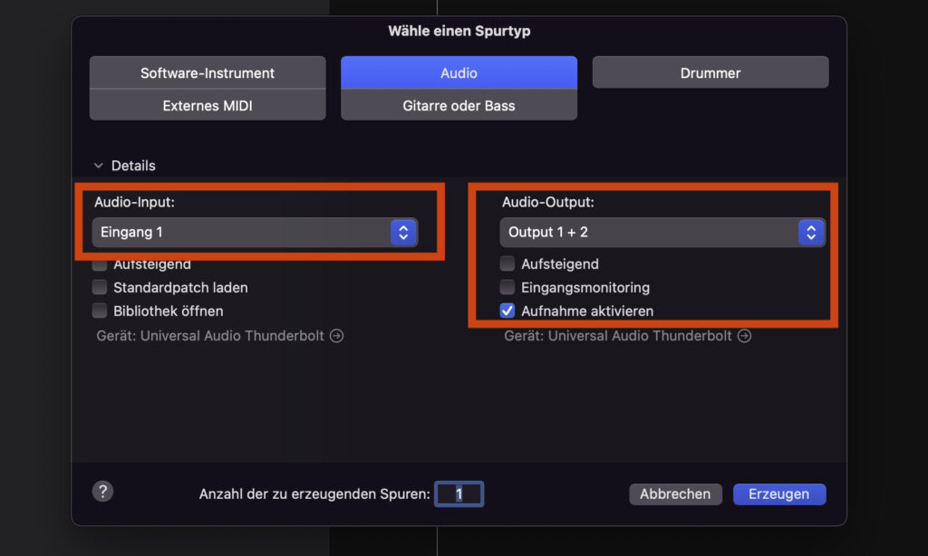 Audio-spur hinzufügen in Apple Logic Pro