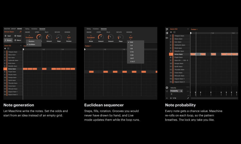 Machine 3.7 mit Note Generator, Euclidean Sequencer undNote Event (Chance) Bildquelle: Native Instruments)
