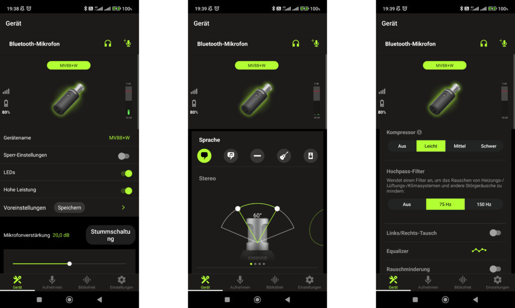 In der Shure MOTIV Audio-App lassen sich wie auch in seinem Video-Pendant die Parameter des Mikrofons justieren