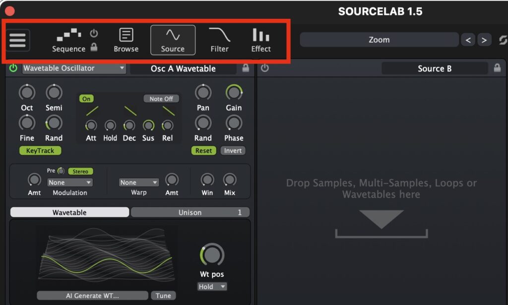 Initial Audio SourceLab 1.5 Bedienoberfläche
