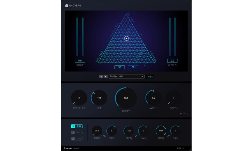 Optisch dominiert das Dreieck-Pad EXOVERBs GUI.