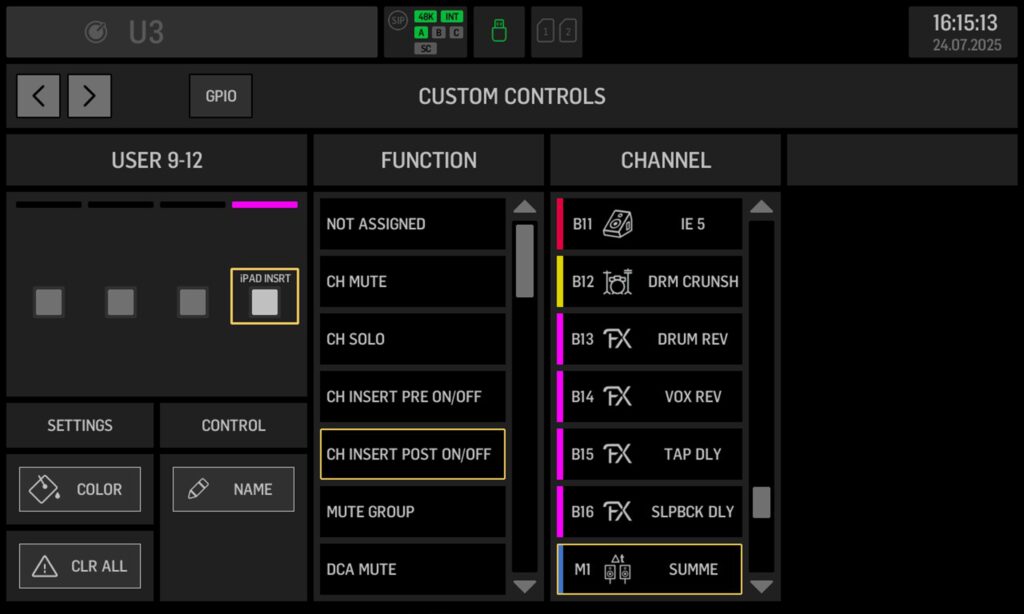 iPad Live-Mixing . Die Insert-Punkte lassen sich über UDK ein- und ausschalten