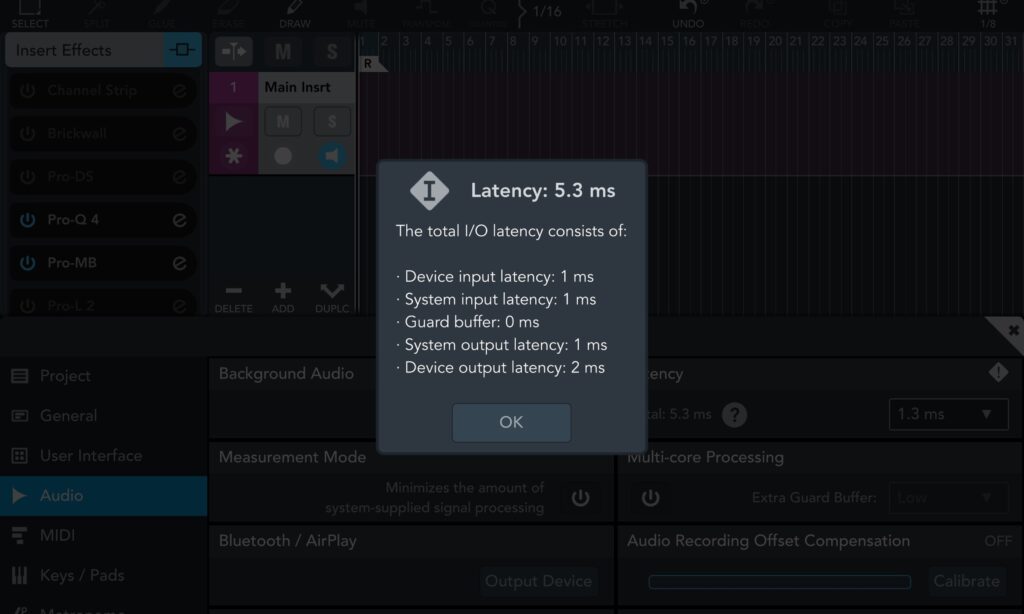 iPad Live-Mixing Die Latenz wird in Cubasis 3 korrekt angezeigt