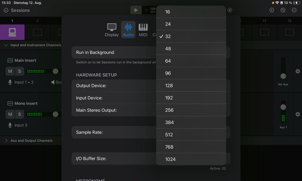 iPad Live-Mixing Sessions erlaubt sogar eine Buffersize von 16 Samples!