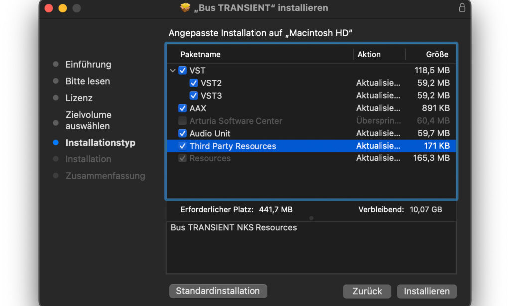 Arturia Bus TRANSIENT Installer View