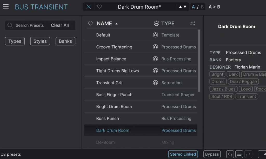 Presets des Arturia Bus TRANSIENT