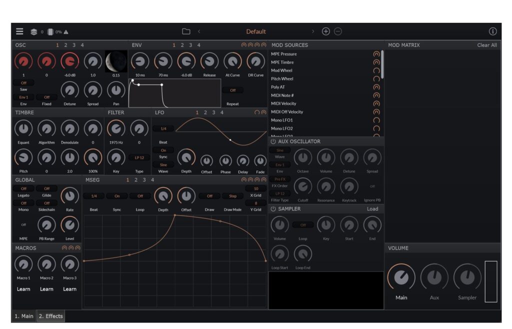 Das GUI von Audible Planets verfügt über zwei Tabs: Main und Effects.