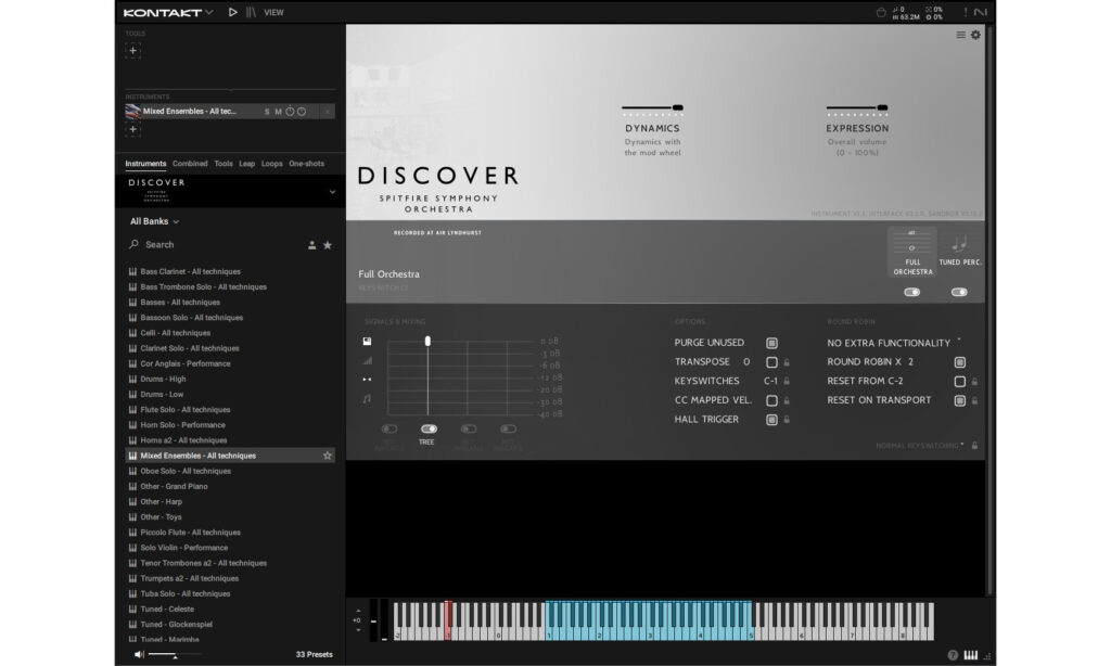 Das Interface der Library ändert je nach Instrument Farbe und Parameter.