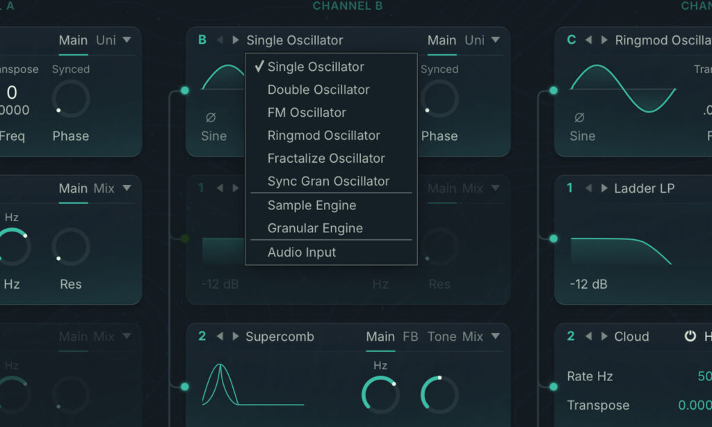 Menü mit Synthese-Arten in Absynth 6