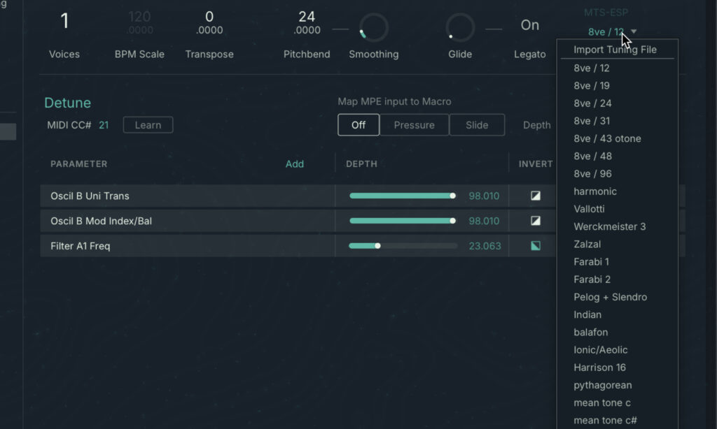 Menü mit verschiedenen mikrotonalen Tonleitern in Absynth 6