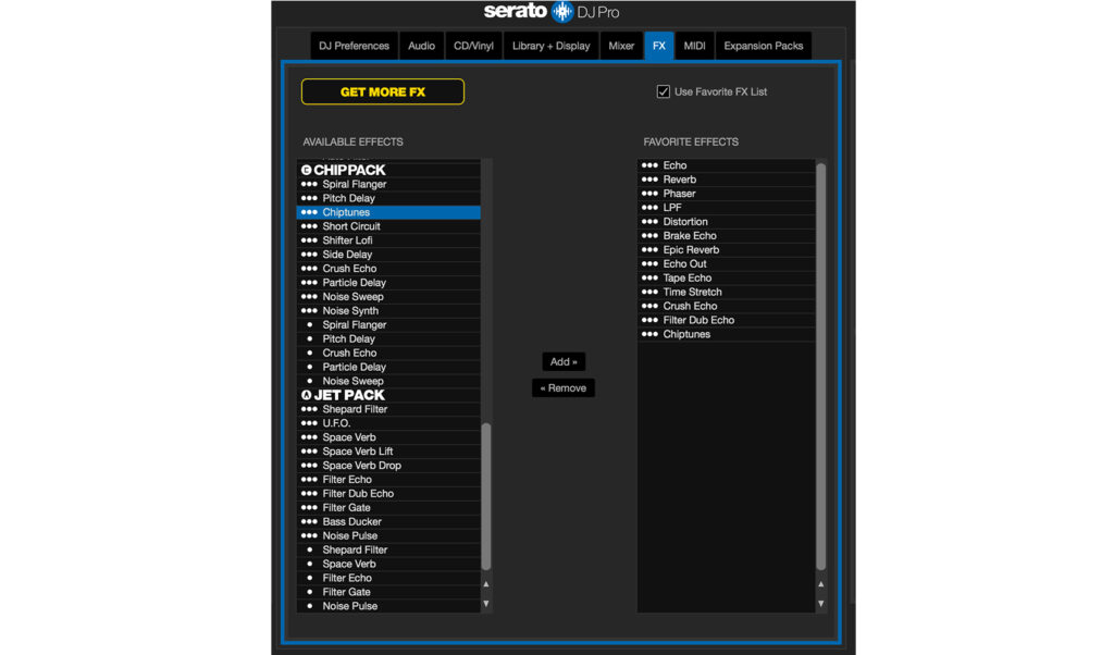 Standard-Effekte und In-App-Purchses in Serato DJ Pro