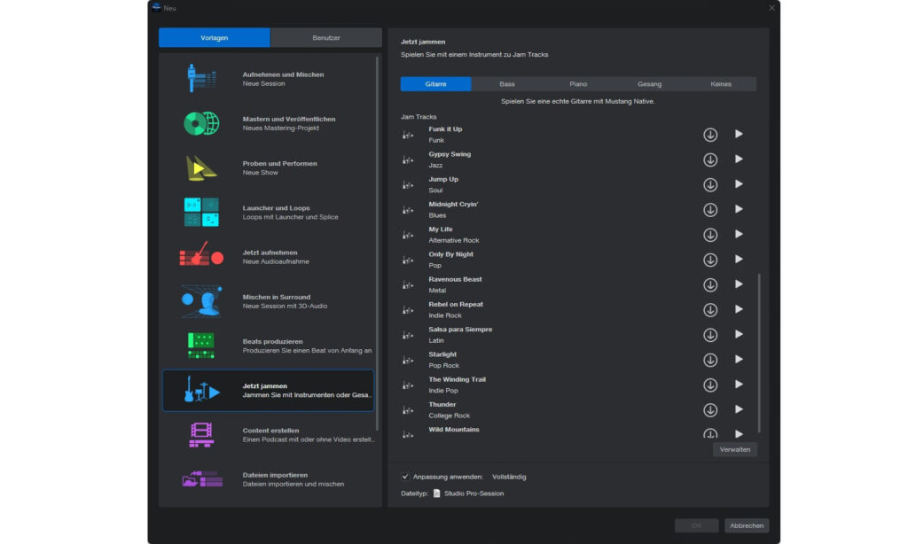 Die zahlreichen Jam-Presets von Studio Pro 8 können vorgehört werden.