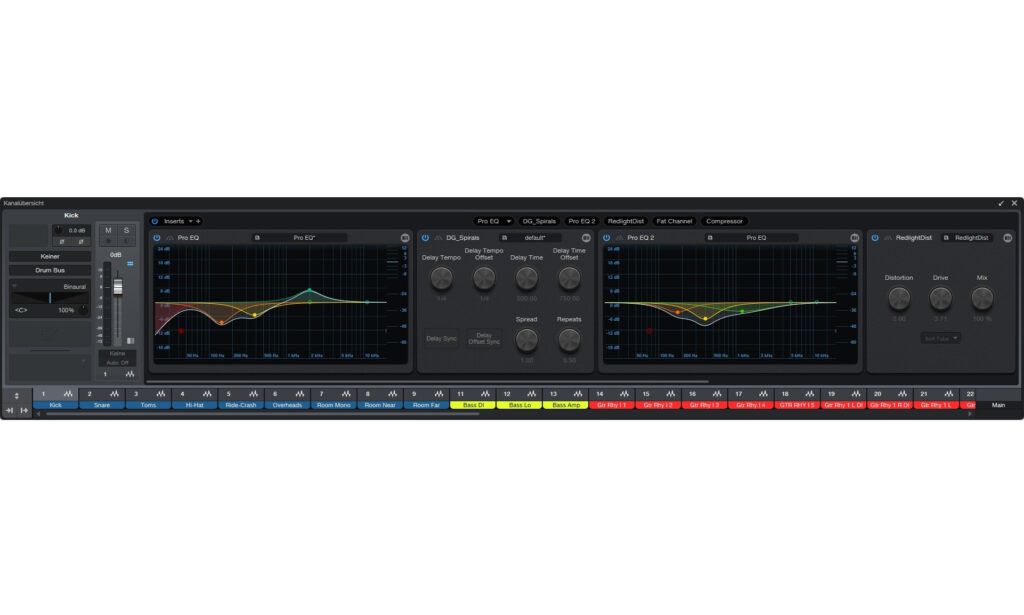 Die Kanalübersicht zeigt die Effekte einer Spur nebeneinander an.