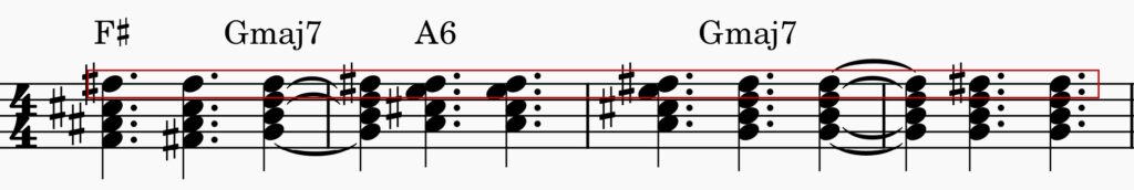 Visuelle Repräsentation des eigenartigen Rhythmus und Akkordfolge von Radioheads Pyramid Song inklusive Pedalton in rot markiert