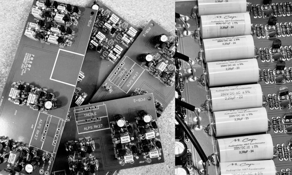Exzellente Bauteile auch im Inneren: Potentiometer von ALPS, Kondensatoren von Mundorf.