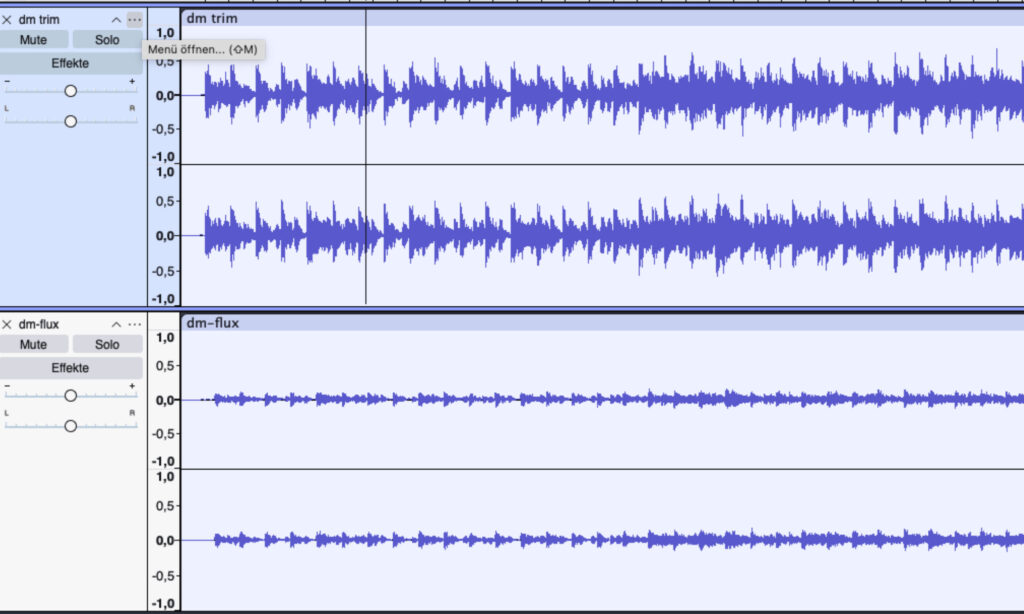 Ein Vergleich zweier Audioaufnahmen von Vinyl: Die obere Waveform kommt von einem DVS-Interface mit Eingangspegel-Regelung, die untere ist mit dem Flux Go aufgezeichnet worden.