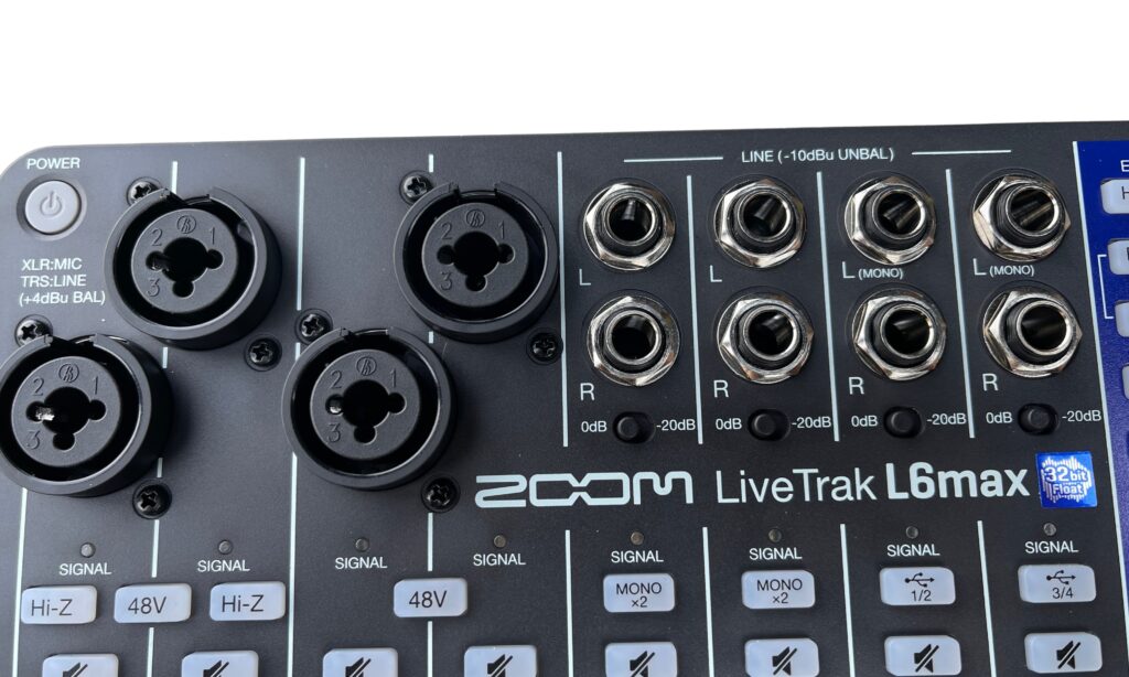 Über je vier Mikrofon- und vier Stereo-Line-Eingänge verfügt das Zoom LiveTrak L6max