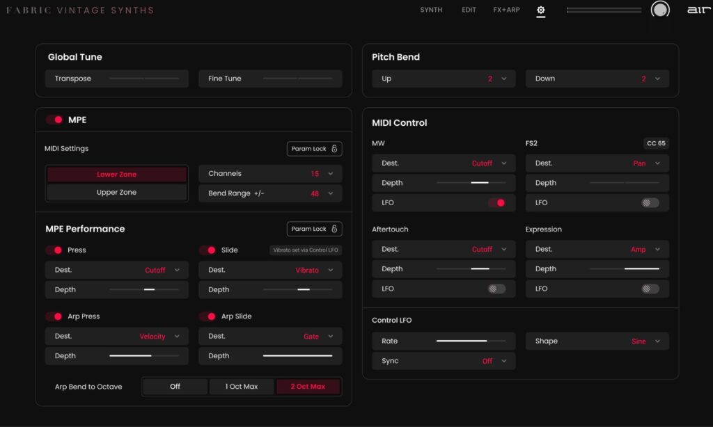 Air Music Technology Fabric Vintage Synths Vol 1: Settings.