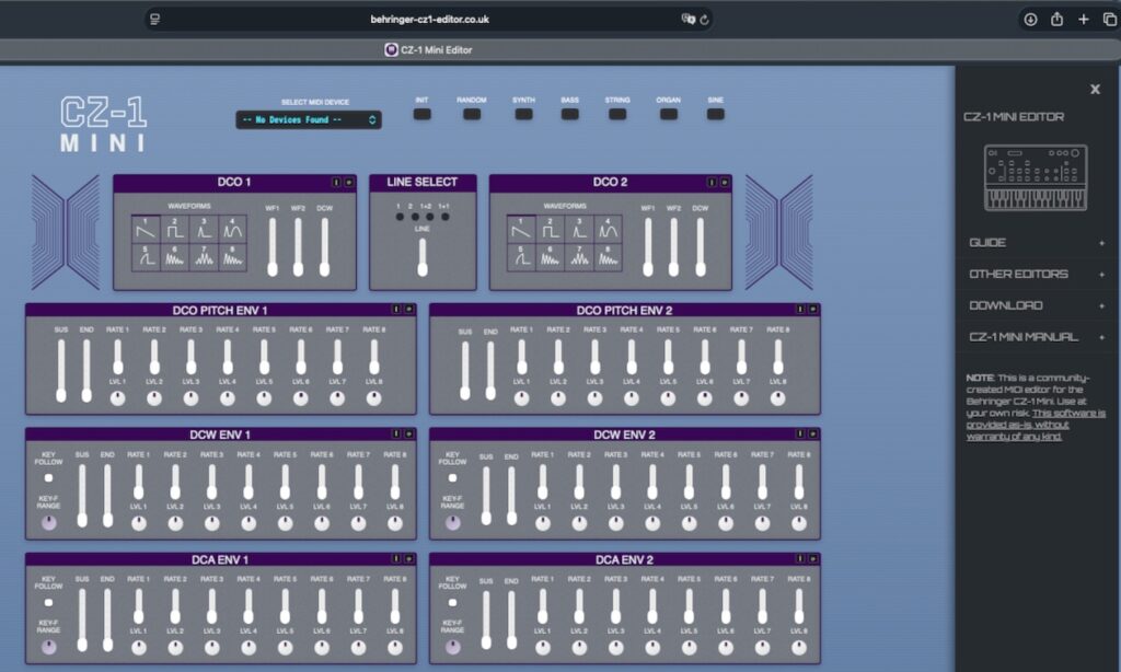 Behringer CZ-1 Mini Web-Editor mit Fenster Auswahl (Bildquelle: https://www.behringer-cz1-editor.co.uk/privacy.html)