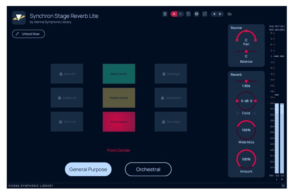 Vienna Symphonic Library Synchron Stage Reverb Lite Plugin Test Bedienoberfläche