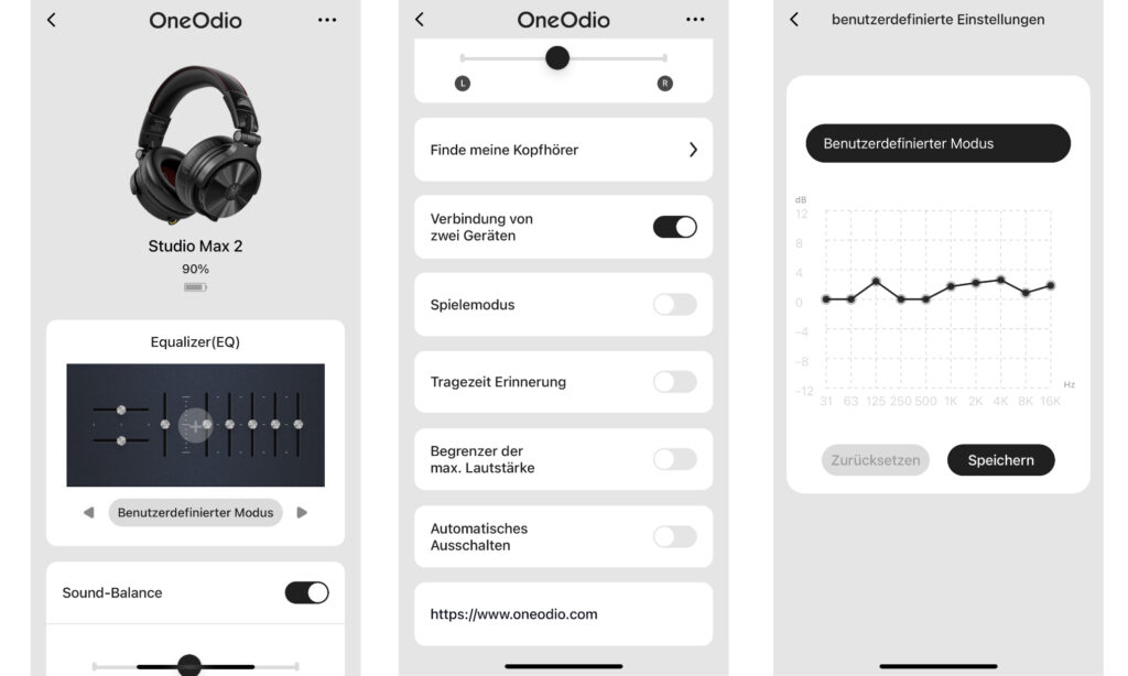 Die kostenlose Smartphone App für iOS und Android bietet einige Einstellmöglichkeiten für den OneOdio Studio Max 2, u. a. auch die Verbindung mit einem weiteren Studio Max 2, einen Gaming-Mode und einen Equalizer mit Presets und einem benutzerdefinierten Setting.