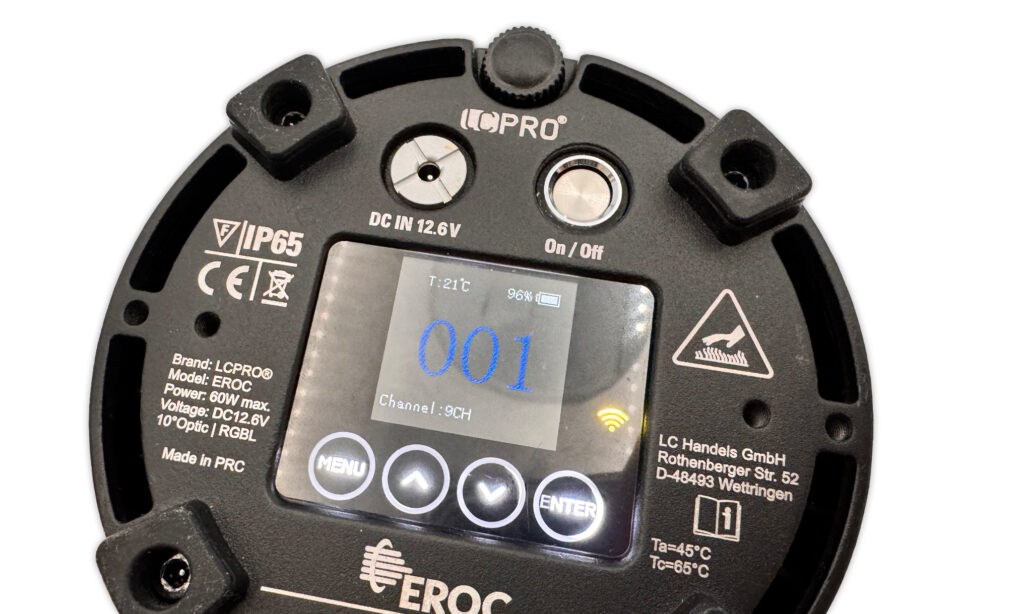DMX-Adresse und Channelmode werden am LCPRO EROC Black eingestellt