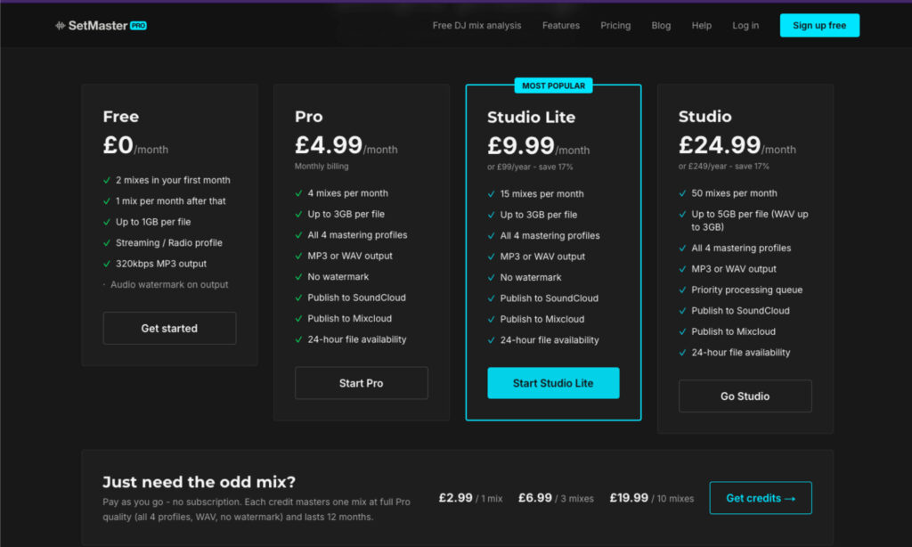 SetMaster Pro bietet diverse Zahlpläne, einen free plan und „Pay-as-you-go“-Zahlweise.