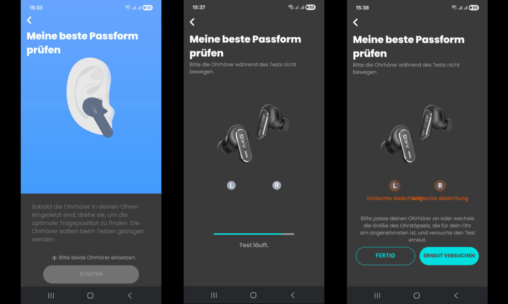 Damit die Prüfung der Passform gelingt, müssen die Ohrpassstücke der AKG N5 Hybrid Black perfekt passen