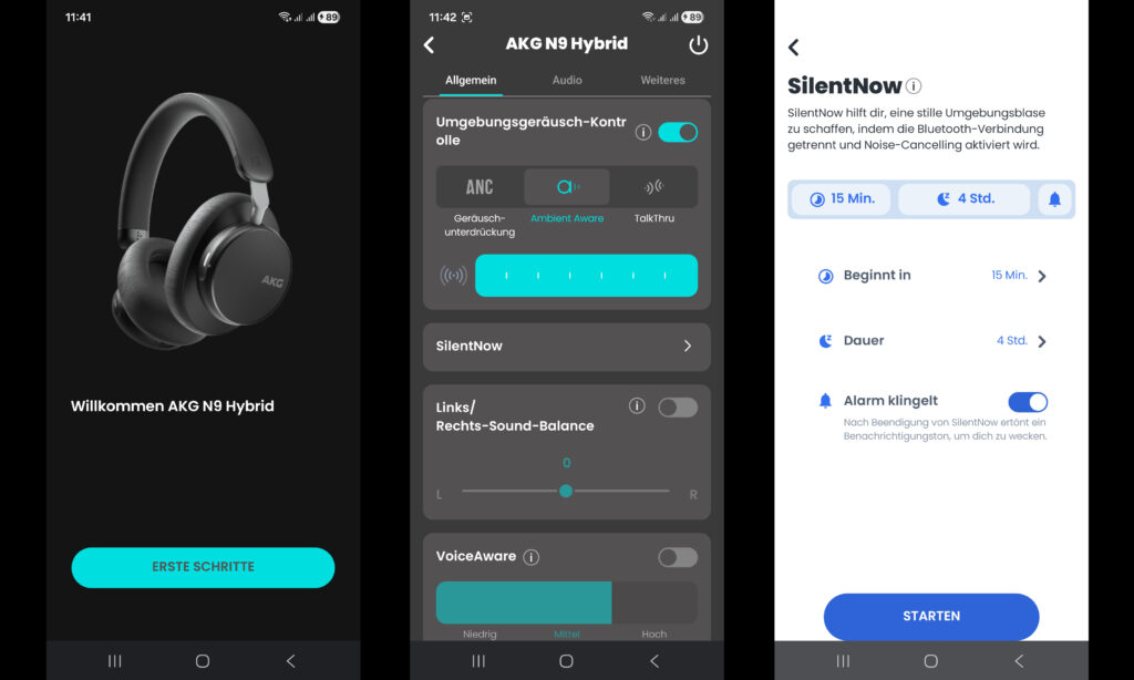 Die AKG Headphones App ermöglicht das Feintuning einer Vielzahl von Parametern und Extra-Features, wie den ANC-Modus SilentNow