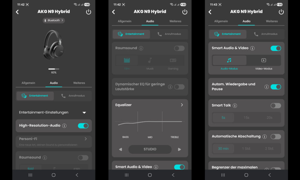 Unter den Audioeinstellungen der App finden sich auch ein dynamischer EQ, Raumklang-Effekte und klangliche Personifizierung, ...