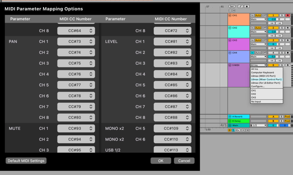 In Ableton ist der Zoom LiveTrak L6max über den Mixer Control Port ansprechbar.